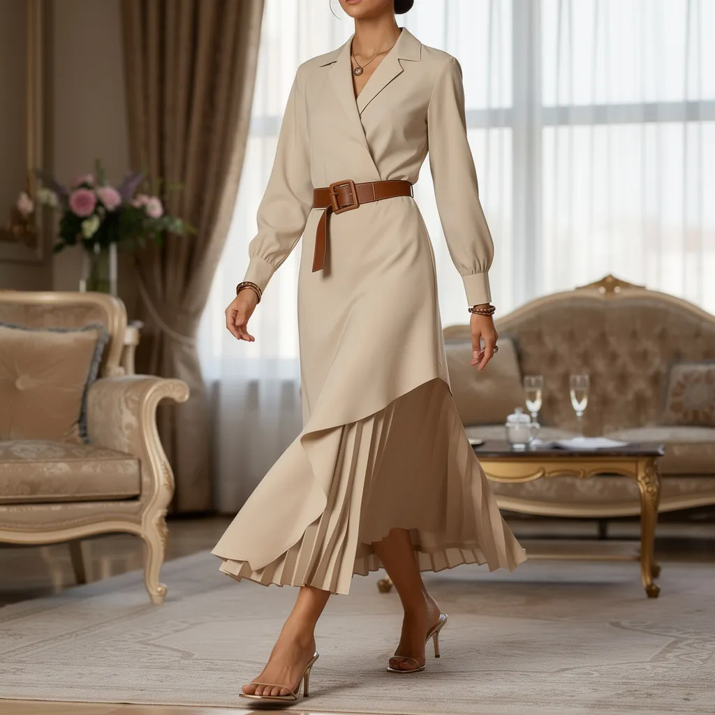 Western Style Irregular Pleated Long Sleeve Dress alternate view