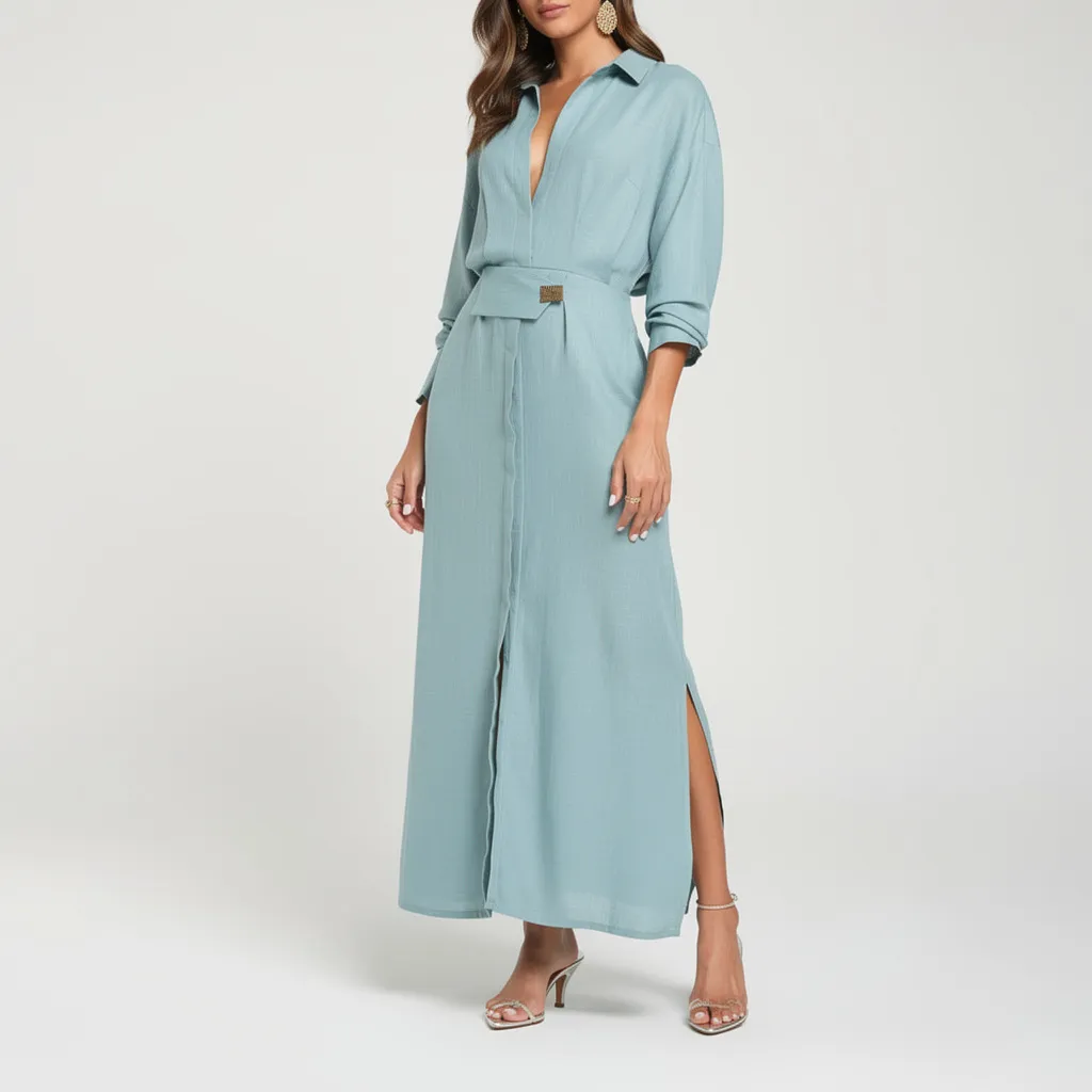 Elegant Commuter Solid Color Waist-Tie Maxi Dress